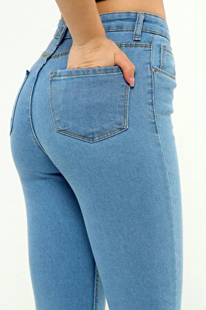 Kadın Yüksek Bel Buz Mavisi Skinny Likralı Jeans