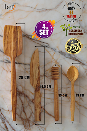 Tahta Kaşık Kahvaltı Seti Sunum Seti Zeytin Ağacı El Yapımı 4 Parça Ahşap Tahta Kaşık Bal Kaşığı Şeker Kaşığı Spatula Bıçak Servis Set