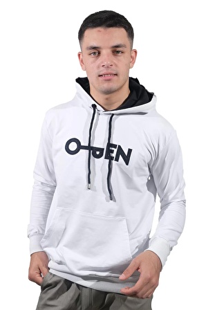 Erkek Open Kanguru Beyaz Kapüşonlu Sweatshirt-803