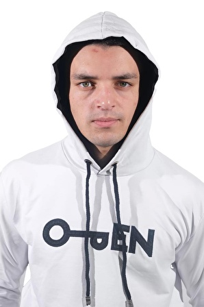 Erkek Open Kanguru Beyaz Kapüşonlu Sweatshirt-803