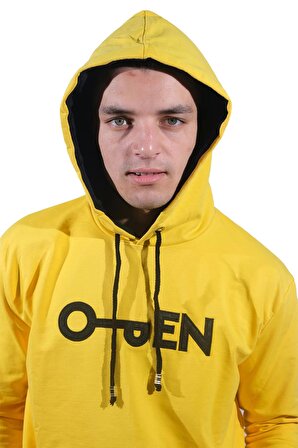Erkek Open Kanguru Sarı Kapüşonlu Sweatshirt-805