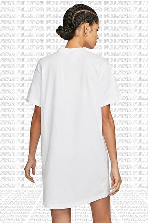 Nike Sportswear Organic Cotton Short Sleve Dress Nakış Swooslu Beyaz Elbise 