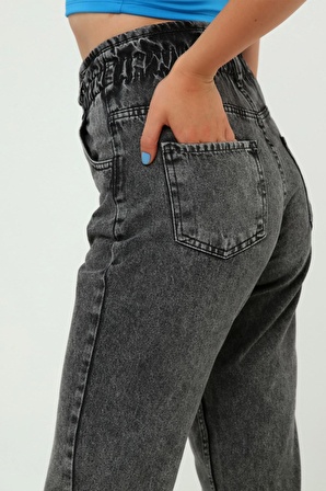 Kadın Ekstra Yüksek Bel Kemer Büzgülü Kar Siyahı Mom Jeans Kot Pantolon