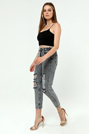 Kadın Bacak Lazer Yırtık Detaylı Mom Jeans Kot Pantolon