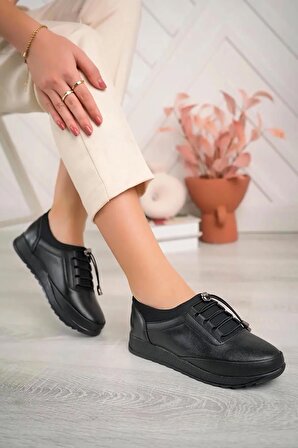 Siyah Cilt Streç Taşlı Kadın Şık Günlük Rahat Ortopedik Kaymaz Taban Babet Ayakkabı