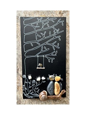 özel tasarım el yapımı pebble art kedili siyah dikdörtgen tablo 