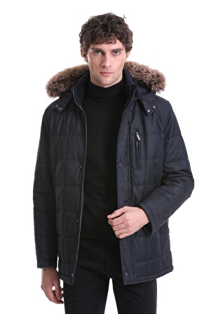 Lacivert Slim Fit Düz Hakim Yaka Kürklü Kapüşonlu Kaban | S