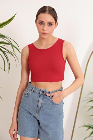 Kaktüs Kaktüs Kaşkorse Kumaş Halter Yaka Kolsuz Kadın Crop Bluz  - Kırmızı