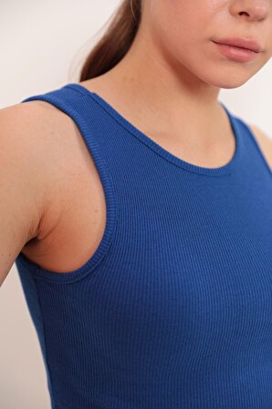 Kaktüs Kaktüs Kaşkorse Kumaş Halter Yaka Kolsuz Kadın Crop Bluz  - Saks Mavisi
