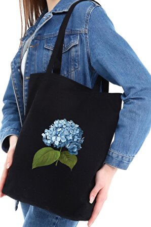Siyah Kanvas Mavi Çiçek Baskılı Çanta