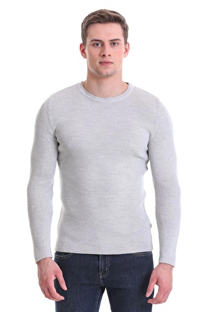 Gri Slim Fit Fitilli Bisiklet Yaka Yünlü Triko Kazak | M