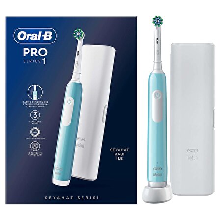 Oral-B Pro Series 1 Mavi Elektrikli Diş Fırçası, 1 Diş Fırçası Başlığı, 1 Seyahat Çantası, Braun Tasarımı