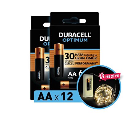 Duracell Optimum AA Alkalin Pil, 1,5 V LR6 MN1500, 12’li paket ve Led Işık