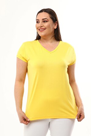 Kadın Büyük Beden V Yaka Basic Kısa Kollu Sarı Tişört