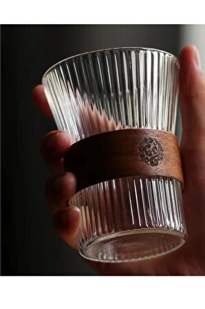 UCR HOME  Origami Ahşap Tutacaklı Borosilikat Latte Su Kahve Meşrubat Kokteyl Bardağı