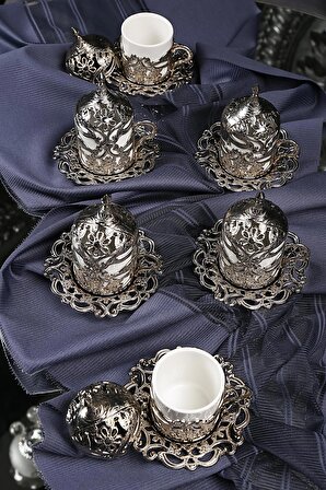 UCR HOME Bakır Kaplama Gümüş 6 Kişilik Kahve Fincan Takımı