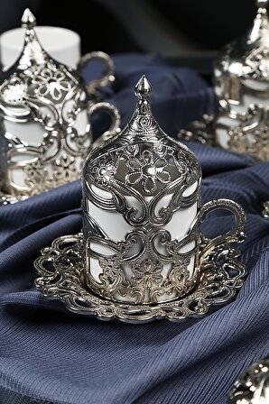 UCR HOME Bakır Kaplama Gümüş 6 Kişilik Kahve Fincan Takımı