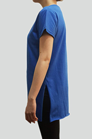 Kadın V Yaka Mavi Uzun Pamuklu T-shirt