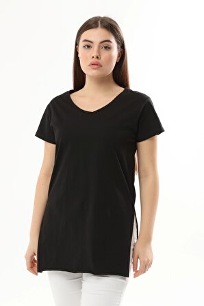 Kadın V Yaka Siyah Uzun Pamuklu T-shirt