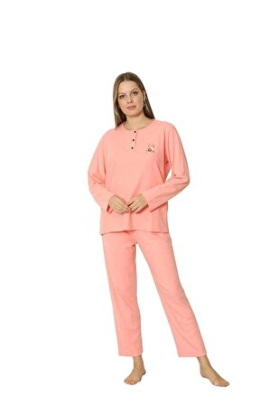 Kadın Kışlık Raporlu Kumaş Geniş Beden Büyük Anne Kalıp Uzun Kol Pijama Takımı Açık Pembe
