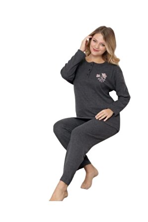 Kadın Kışlık Raporlu Kumaş Geniş Beden Büyük Anne Kalıp Uzun Kol Pijama Takımı Koyu Gri