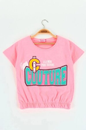 Couture Baskılı Kız Çocuk Crop Tişört Pembe