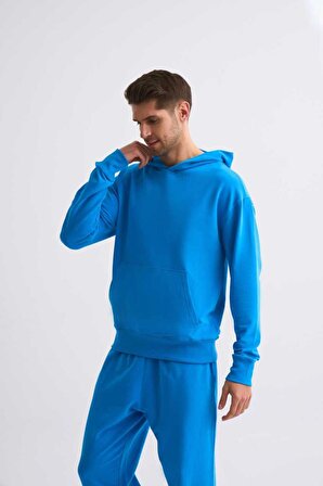 The Recolor Organik Kapüşonlu Uzun Kollu Erkek Sweatshirt - Mavi