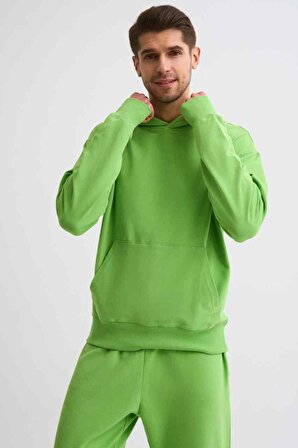 The Recolor Organik Kapüşonlu Uzun Kollu Erkek Sweatshirt - Yeşil
