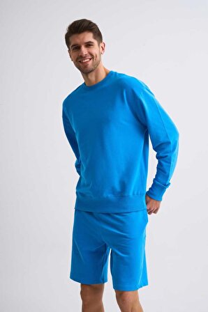 The Recolor Organik Uzun Kollu Yuvarlak Yaka Erkek Sweatshirt - Mavi