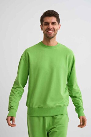 The Recolor Organik Uzun Kollu Yuvarlak Yaka Erkek Sweatshirt - Yeşil