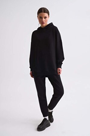 TheRecolor Organik Kapüşonlu Cepli Uzun Kollu Kadın Sweatshirt - Siyah