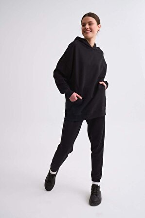 TheRecolor Organik Kapüşonlu Cepli Uzun Kollu Kadın Sweatshirt - Siyah
