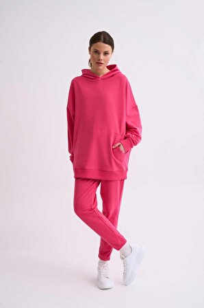 TheRecolor Organik Kapüşonlu Cepli Uzun Kollu Kadın Sweatshirt - Pembe