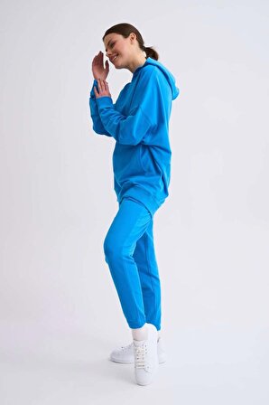 TheRecolor Organik Kapüşonlu Cepli Uzun Kollu Kadın Sweatshirt - Mavi