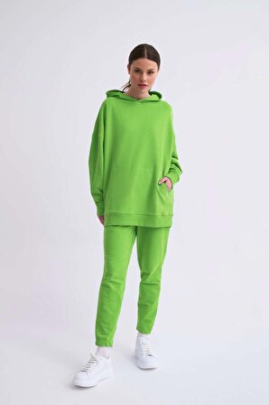 TheRecolor Organik Kapüşonlu Cepli Uzun Kollu Kadın Sweatshirt - Yeşil