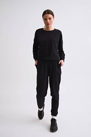 TheRecolor Organik Uzun Kollu Kadın Crop Sweatshirt - Siyah
