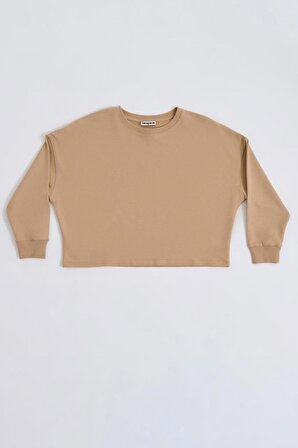 TheRecolor Organik Uzun Kollu Kadın Crop Sweatshirt - Bej