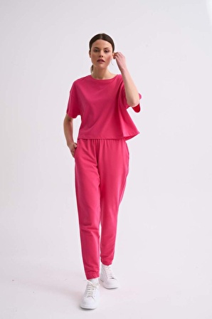 The Recolor Organik Regular Fit Kısa Kollu Kadın Crop Tişört - Pembe