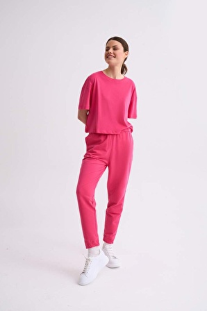 The Recolor Organik Regular Fit Kısa Kollu Kadın Crop Tişört - Pembe