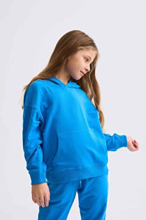 The Recolor Organik Kapüşonlu Uzun Kollu Kız Çocuk Sweatshirt - Mavi