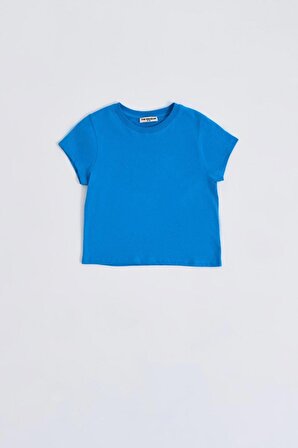 The Recolor Organik Kısa Kollu Kız Çocuk Crop Tişört - Mavi