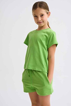 The Recolor Organik Kısa Kollu Kız Çocuk Crop Tişört - Yeşil