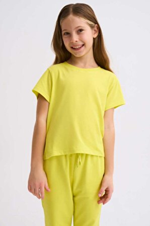 The Recolor Organik Kısa Kollu Kız Çocuk Crop Tişört - Sarı