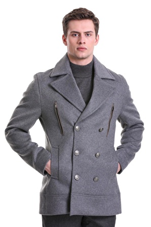 Gri Slim Fit Kruvaze Yünlü Kaşe Kaban | XXL
