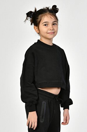 Noori Noori Bisiklet Yaka Crop Kız Çocuk Sweatshirt  - Siyah