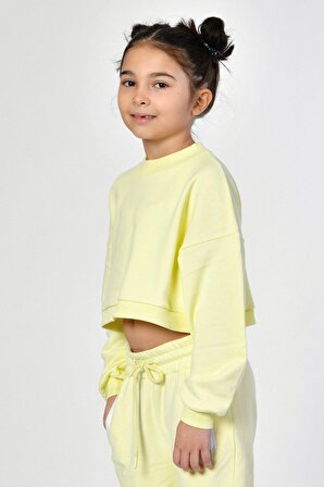 Noori Noori Bisiklet Yaka Crop Kız Çocuk Sweatshirt  - Limon Sarısı