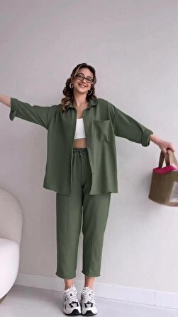 Barbora Keten Günlük İkili Takım Elbise Pantolon Gömlek Ln21haki1