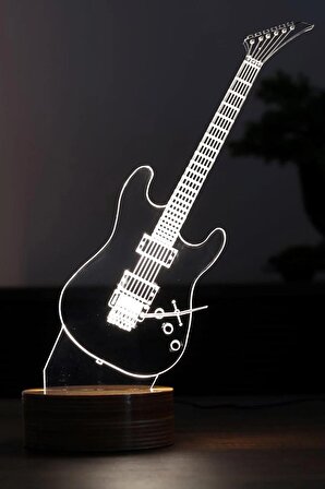 Müzisyene Hediye. Gitar Figürlü Led Masa Lambası | 7 Işık Rengi | Ahşap Taban