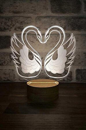 Kuğular Led Masa Lambası Ahşap Taban 7 Farklı Işık Renkli Romantik Hediye Dekoratif Aydınlatma