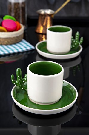 Kaktüs El Yapımı 180 Ml Mocha, Americano, Filtre Kahve Fincan Seti 6'lı Yeşil